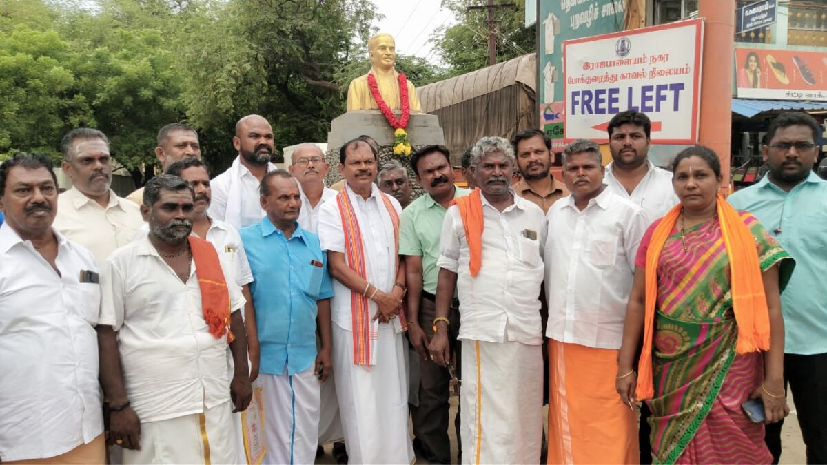 ராஜபாளையத்தில்  குமாரசாமி ராஜா திருஉருவ சிலைக்கு அர்ஜுன் சம்பத் மாலை அணிவித்து மரியாதை…