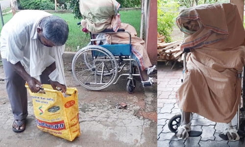 தாய் சடலத்தை வீல் சேரில் வைத்து சுடுகாட்டிற்கு கொண்டு வந்த மகன்..