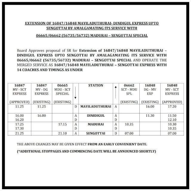 செங்கோட்டை -மயிலாடுதுறை – செங்கோட்டை – இடையே புதிய ரயில்..