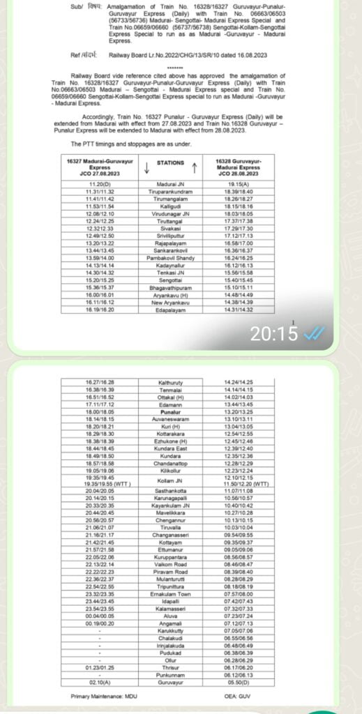 ஆக.27 முதல் மதுரை-குருவாயூர்-மதுரை-இன்டர்சிட்டி விரைவு ரயில் இயக்கம்! - Dhinasari Tamil