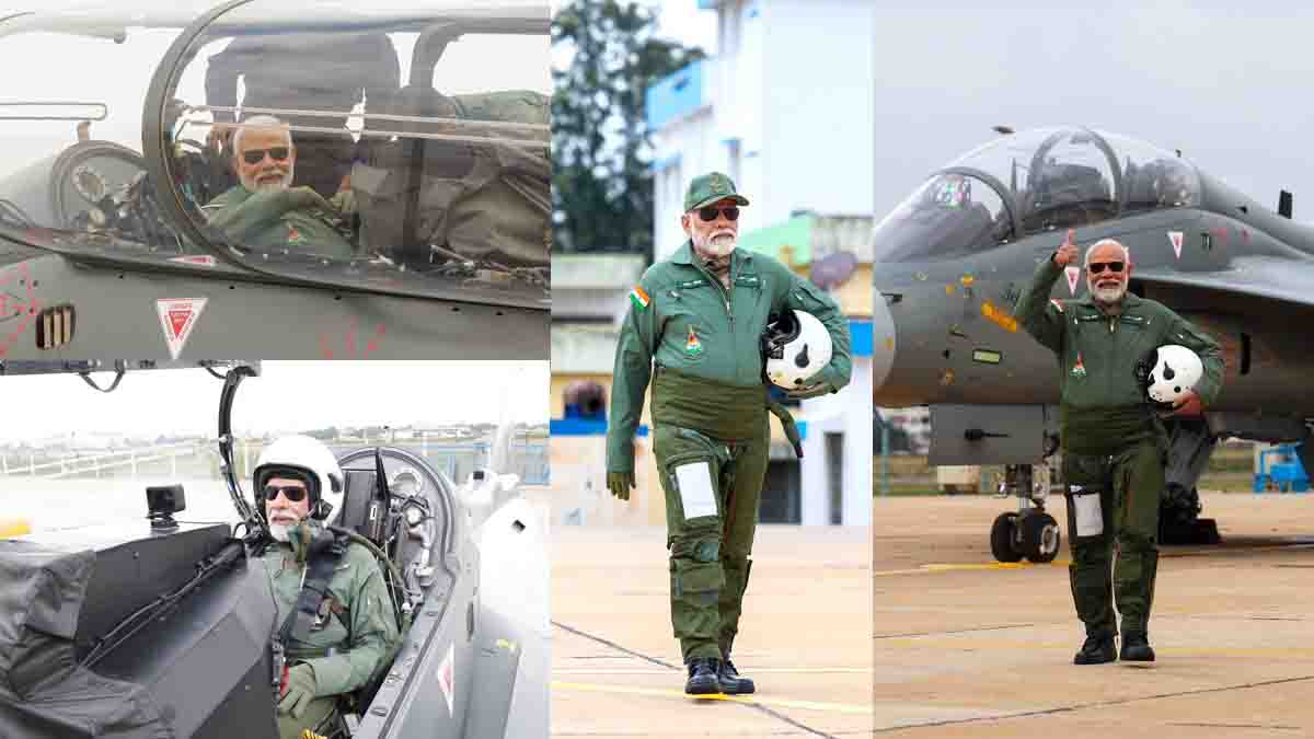 தேஜஸ் போர் விமானத்தில் பறந்த பிரதமர் மோடி! புதிய பெருமை!