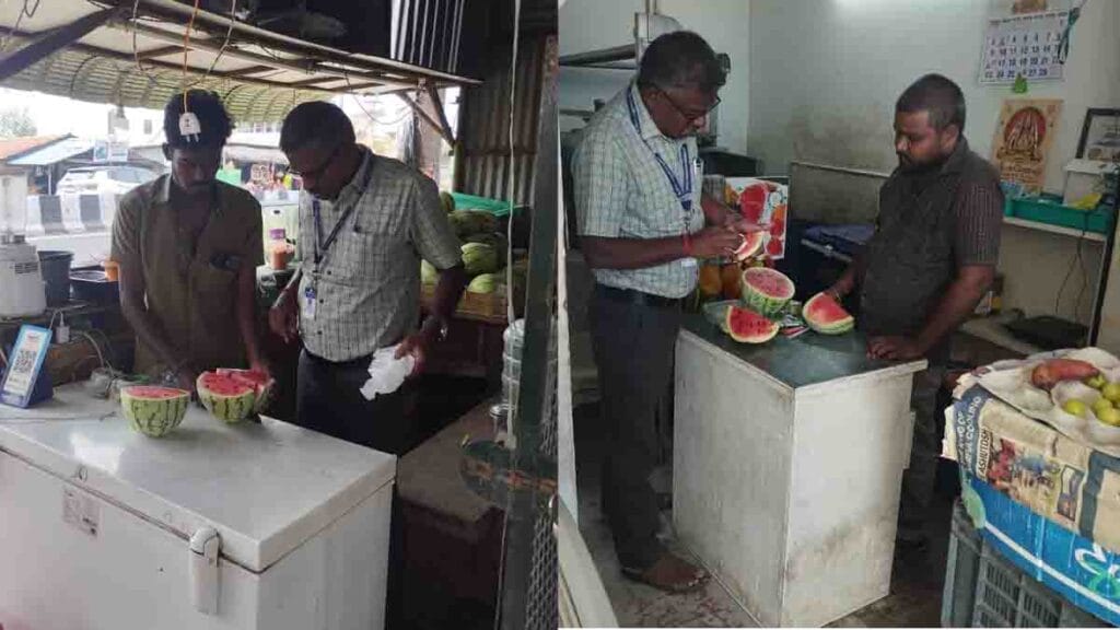 தர்பூசணியில் செயற்கை கலர் ஏற்றப்பட்டுள்ளதா? கரூரில் அதிகாரிகள் தீவிர சோதனை! 2 - 2026 fodd safety inspection in karur - 2026